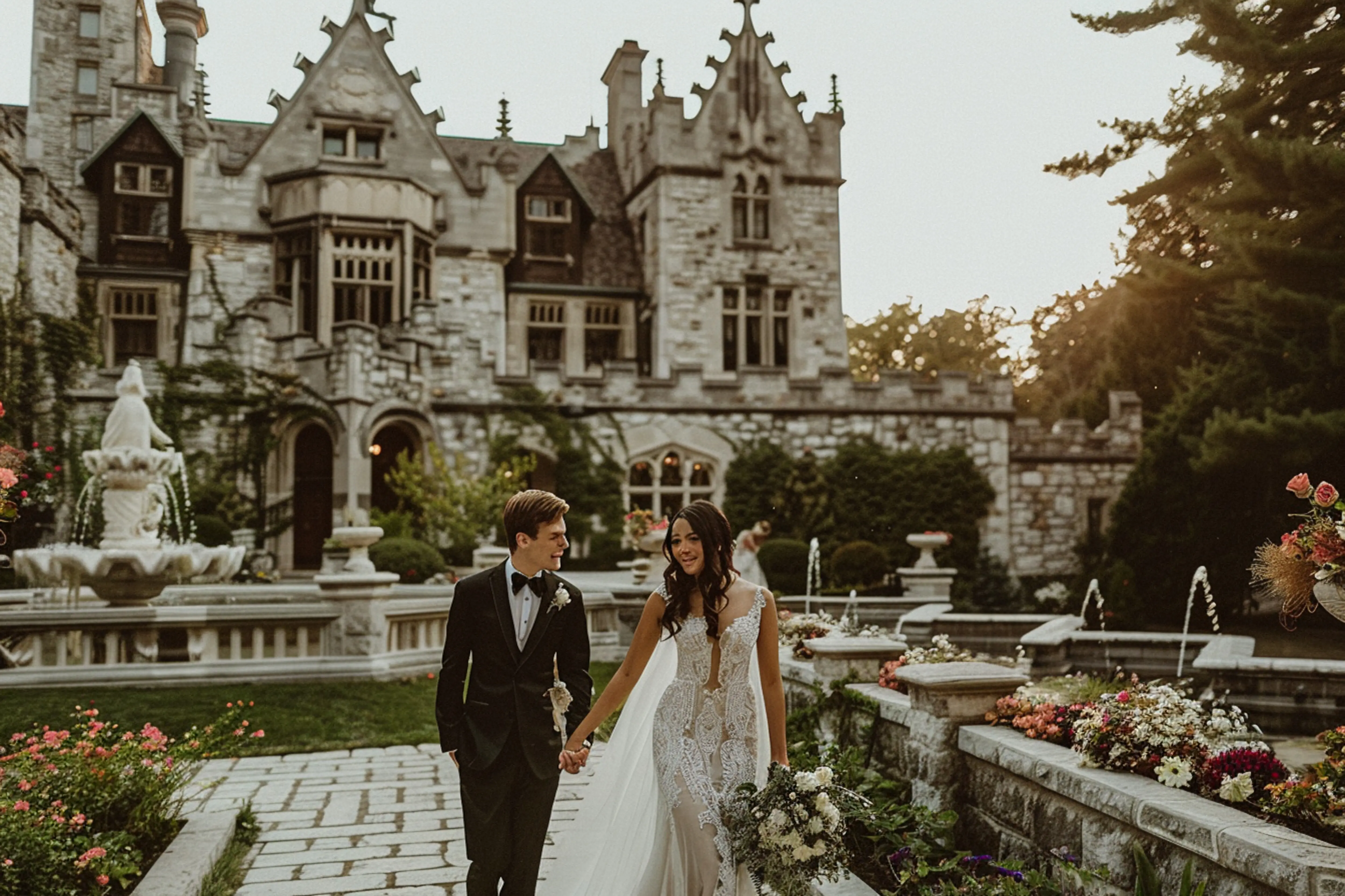 Braut und Bräutigam gehen vor einem Schloss mit einem Springbrunnen, generative KI.