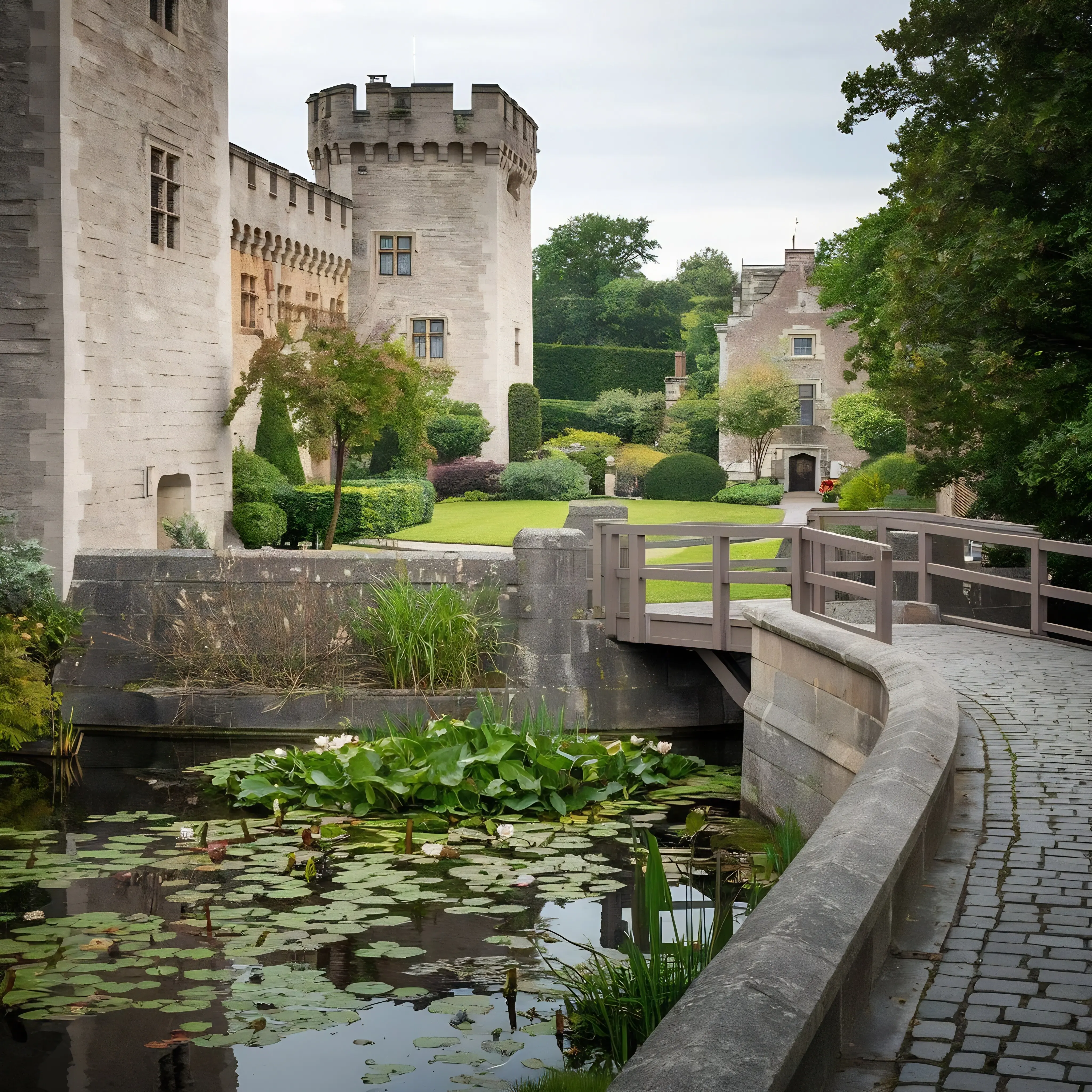 Eine mittelalterliche Burg mit einem Burggraben-Garten voller Seerosen und einer Zugbrücke, die zu einem üppigen in