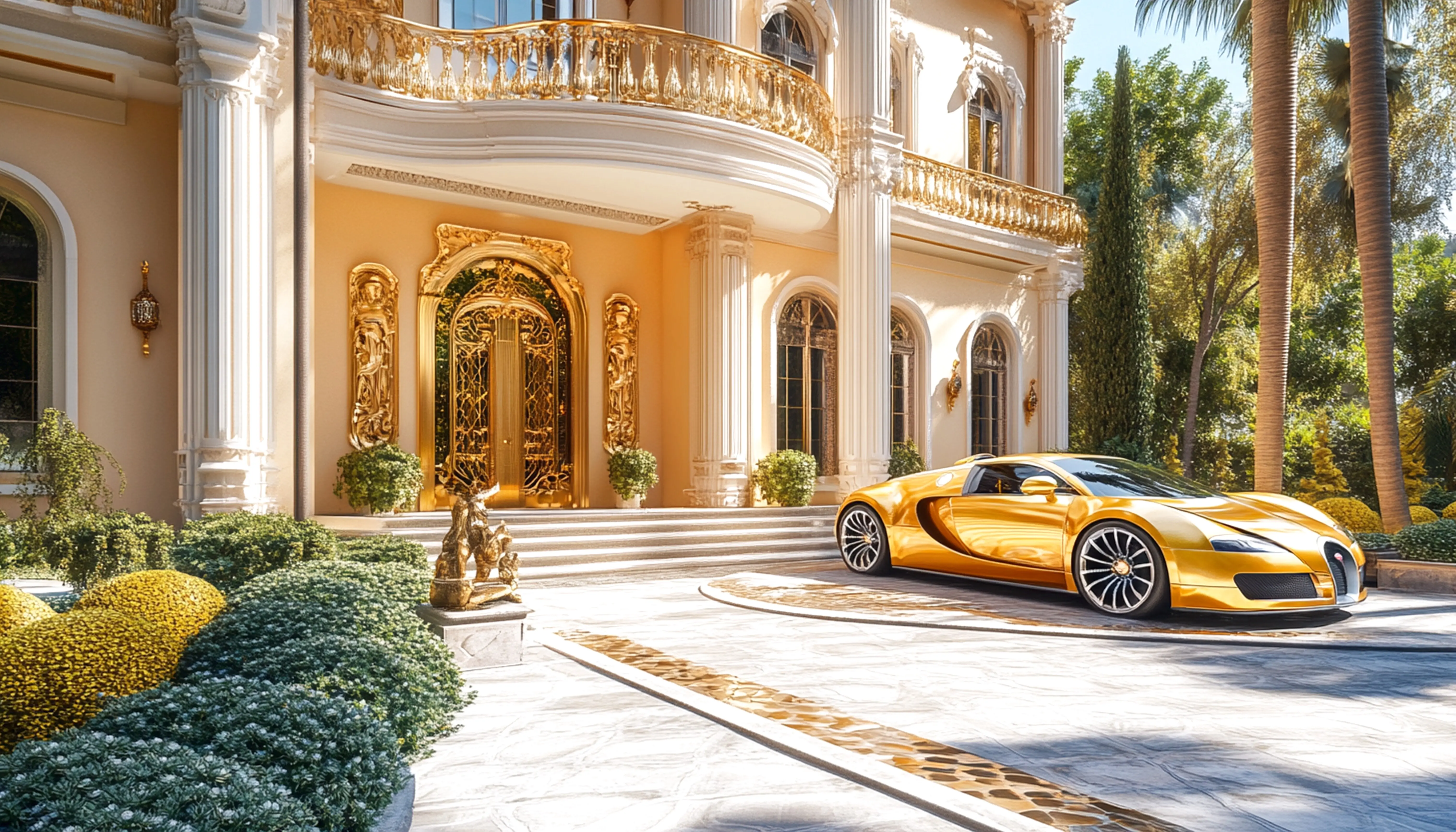 Ein luxuriöses Haus, vor dem ein goldenes Auto geparkt ist.