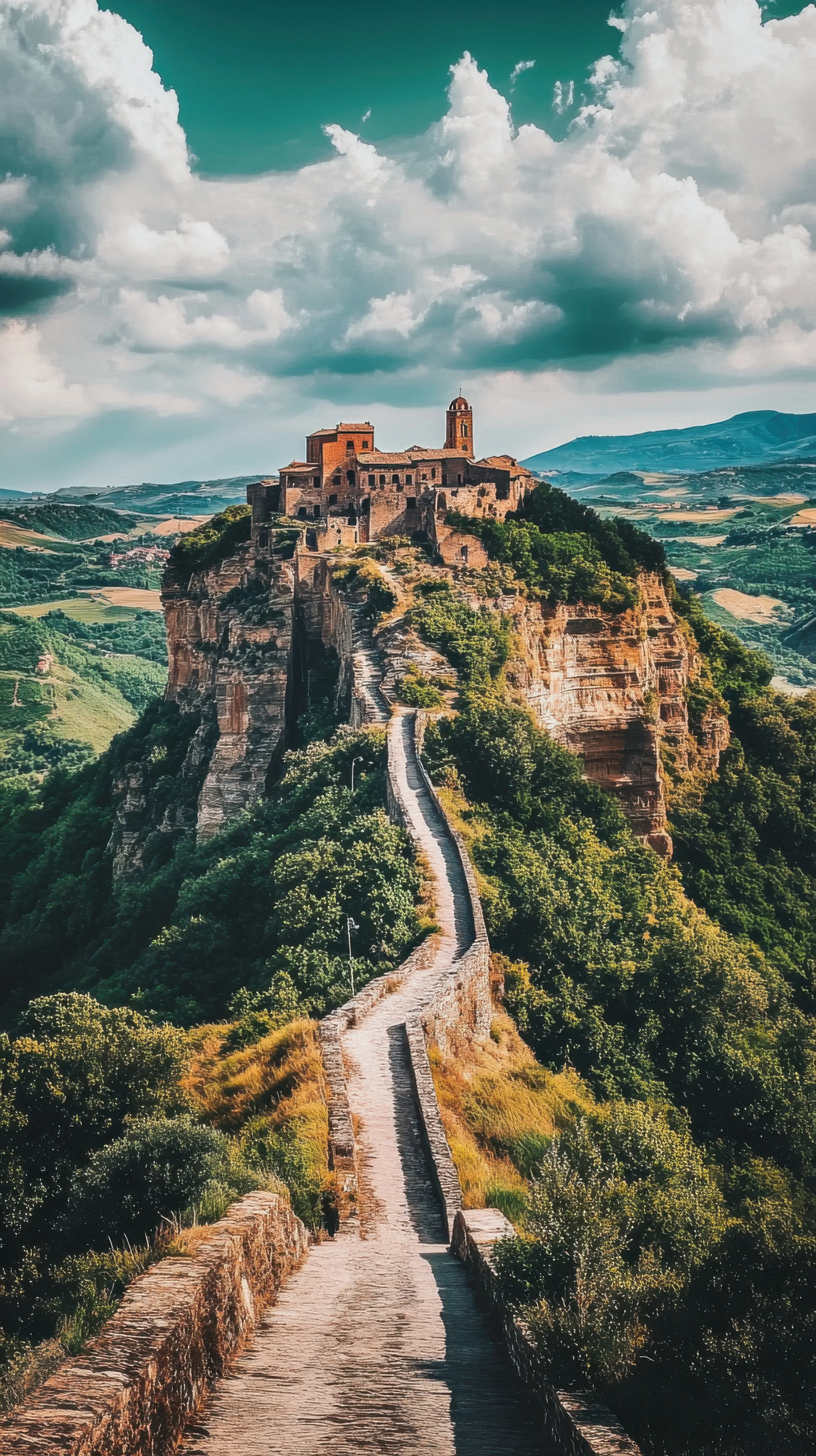 Eine atemberaubende Aussicht auf Civita di Bagnoregio, ein mittelalterliches Dorf auf einer Anhöhe in Latium, umgeben von beeindruckenden Tälern und Klippen.