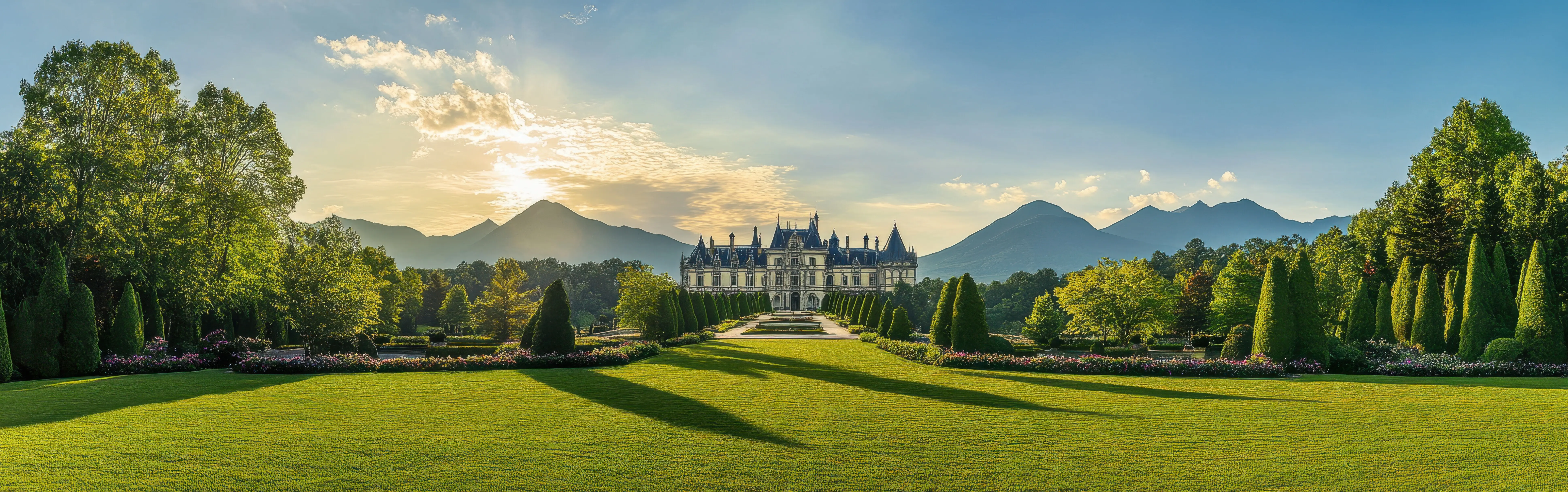 Eine atemberaubende Aussicht auf das historische Biltmore-Anwesen bei Sonnenuntergang, umgeben von üppigen Gärten und majestätischen Bergen in Asheville, North Carolina.
