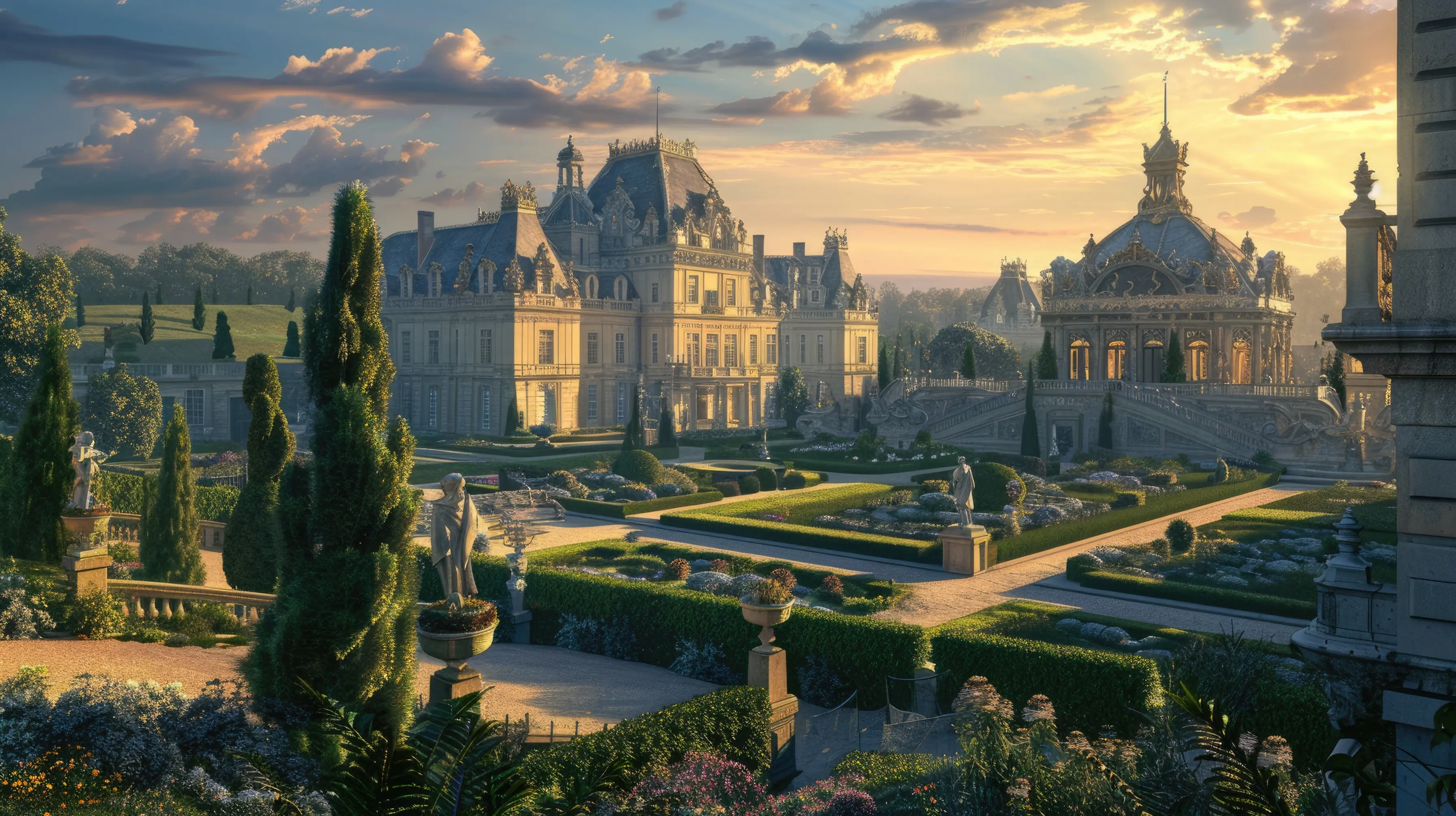 Die friedvolle Schönheit des majestätischen Schlosshofs in der Dämmerung, erleuchtet vom sanften Schimmer der Abenddämmerung.