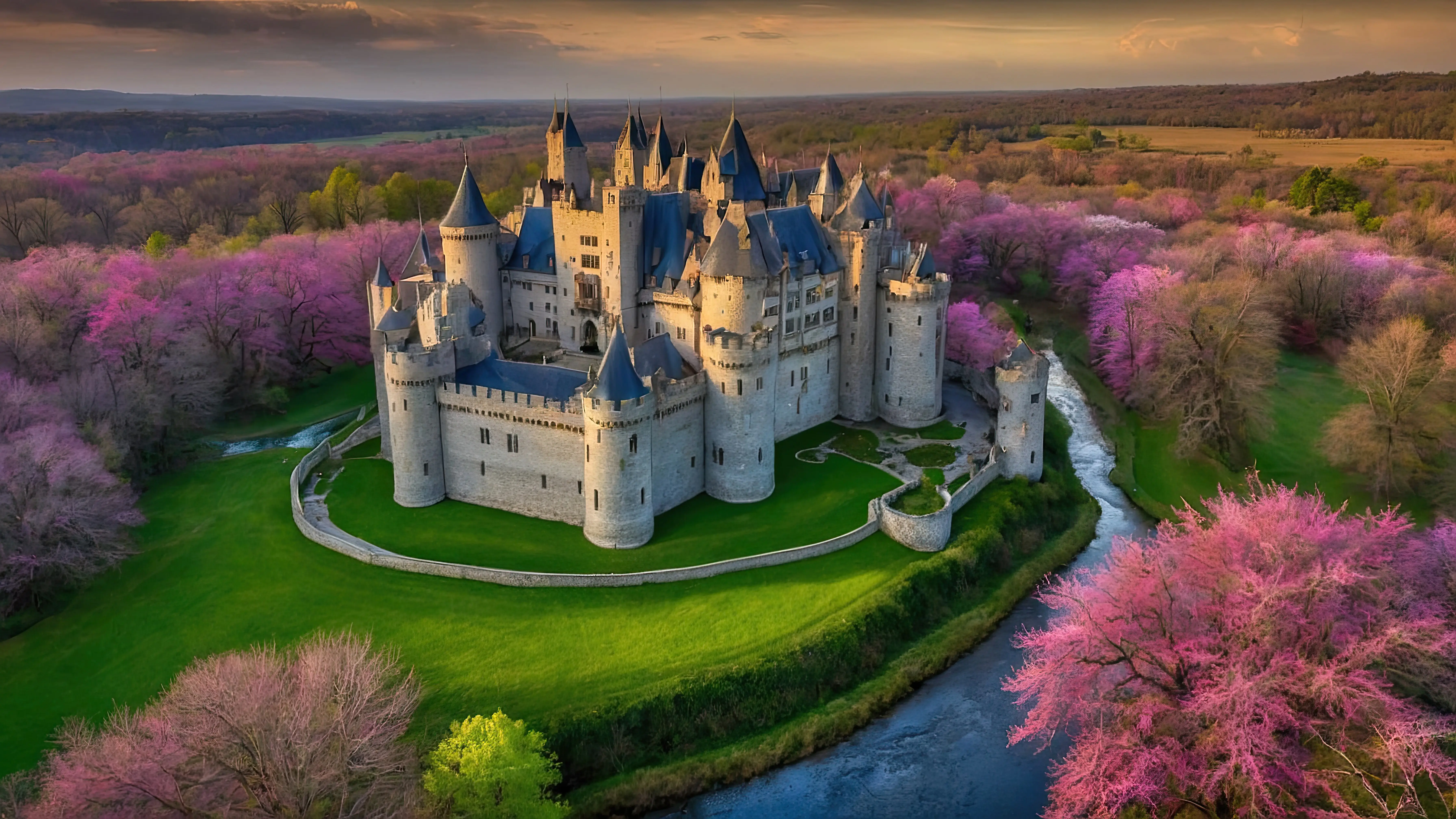 Ein Schloss mitten in einem Feld mit rosa Bäumen und Wasser, das hindurchfließt.
