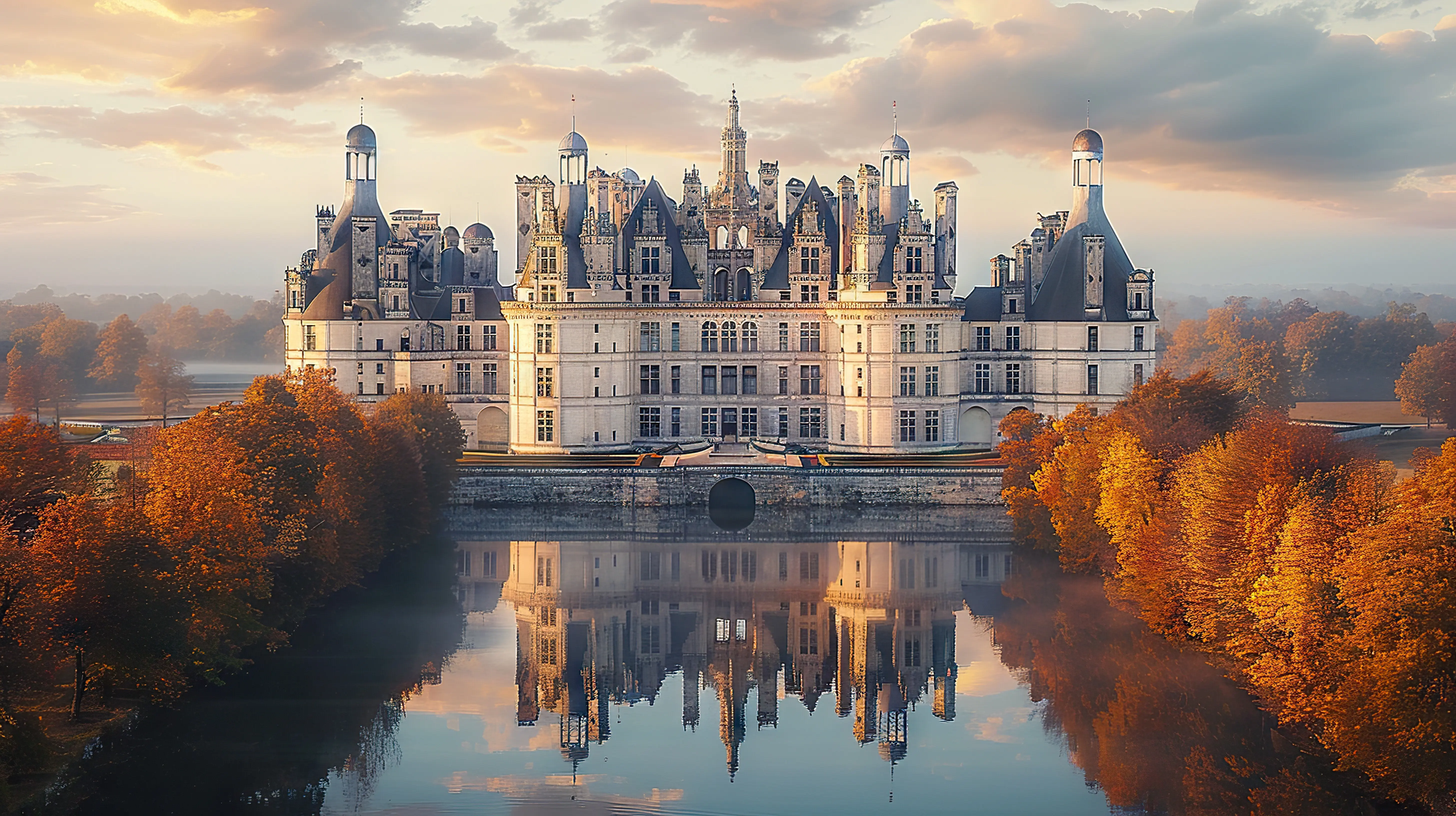 Schloss Chambord bei Sonnenaufgang, Frankreich – Pracht des Sonnenaufgangs, die ein historisches französisches Wahrzeichen erleuchtet.
