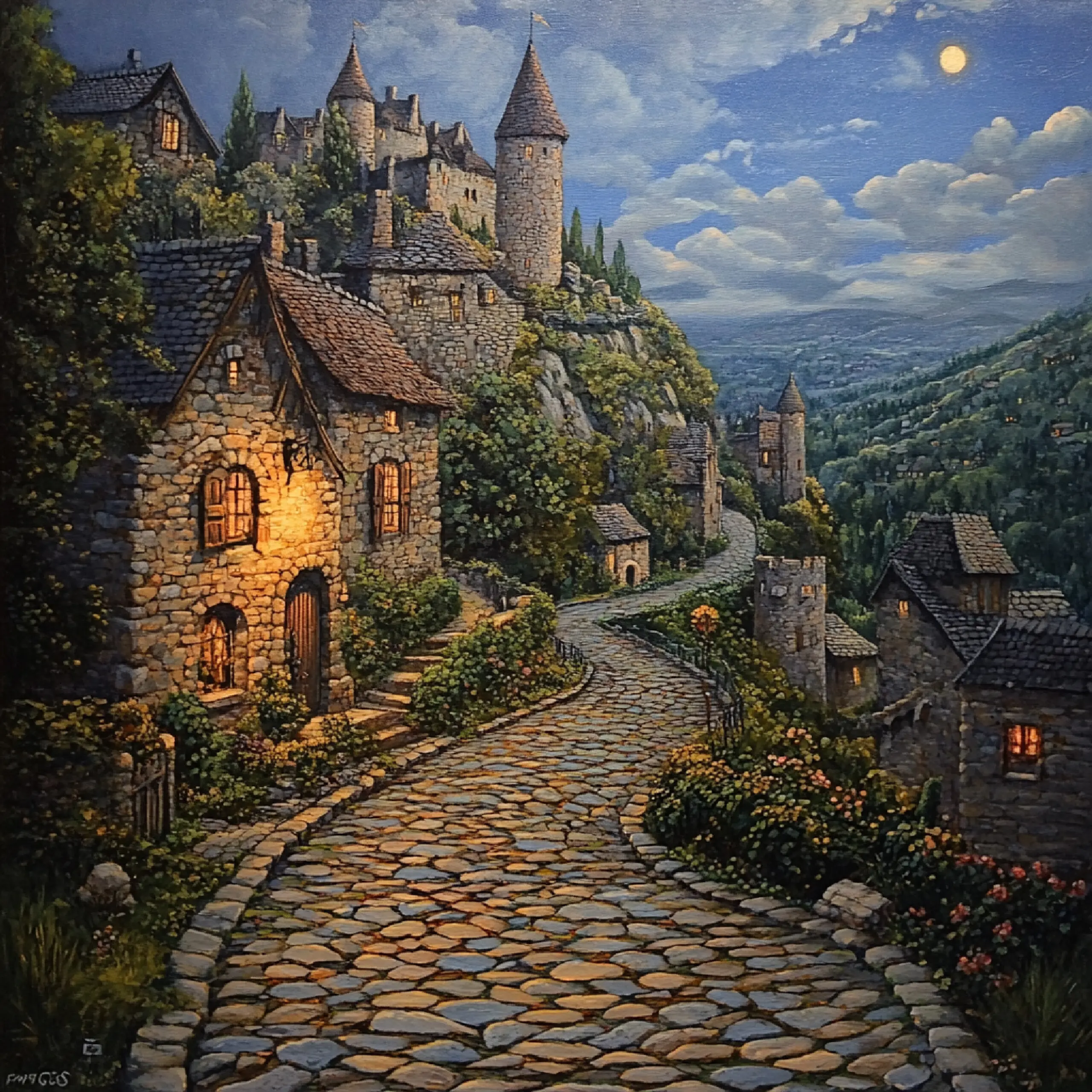 Kopfsteinpflasterstraßen schlängeln sich hinauf zu einer Burg am Hang